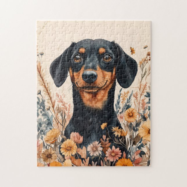 Cute Dachshund with Wildflowers Painting Jigsaw Puzzle (Vertical)