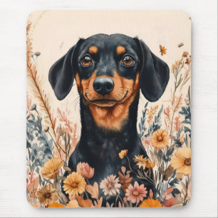 Cute Dachshund with Wildflowers Painting Mouse Mat