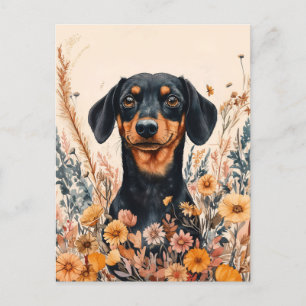 Cute Dachshund with Wildflowers Painting Postcard