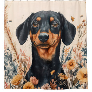 Cute Dachshund with Wildflowers Painting Shower Curtain