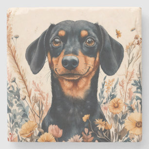 Cute Dachshund with Wildflowers Painting Stone Coaster