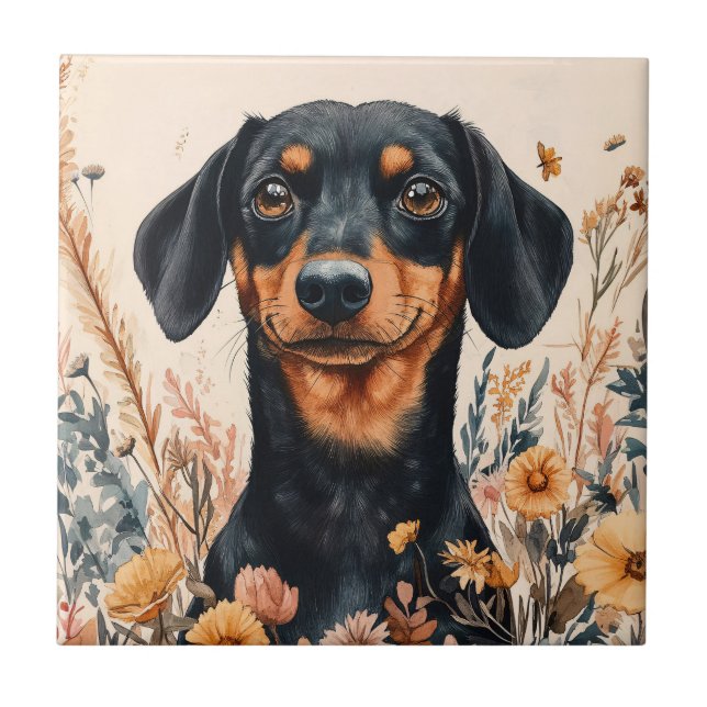 Cute Dachshund with Wildflowers Painting Tile (Front)