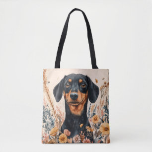 Cute Dachshund with Wildflowers Painting Tote Bag