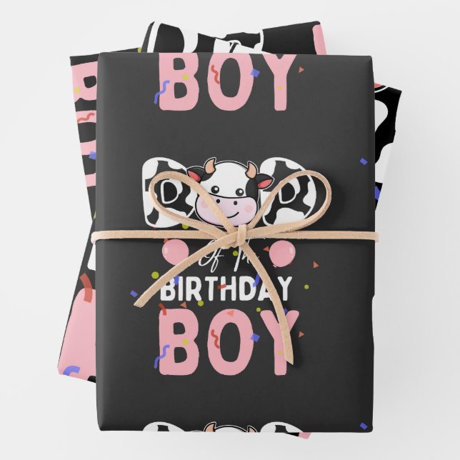 Cute Dad of The Birthday Boy Cow Farm Wrapping Paper Sheet (In situ)