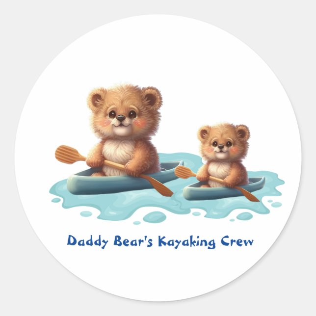 Cute Daddy and Baby Bear in Kayak Customised Classic Round Sticker (Front)