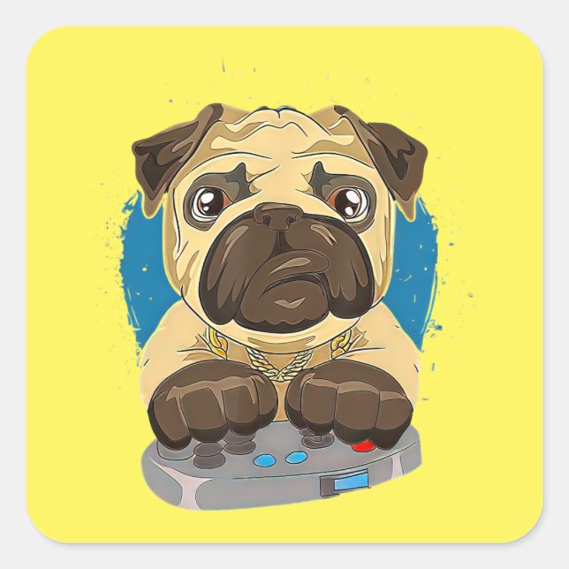 Cute Daddy Pug Dog Playing Video Games Square Sticker (Front)