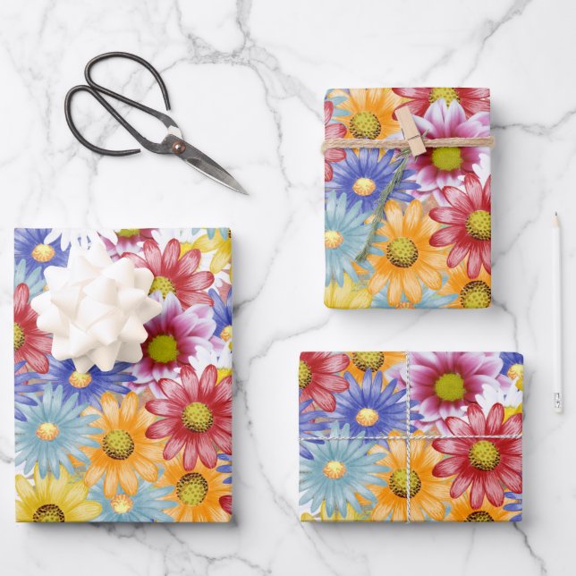 Cute Dainty Colourful Daisies Floral Pattern Wrapping Paper Sheet (Front)