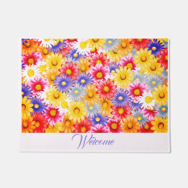 Cute Dainty Pretty Pink Blue Yellow Purple Daisies Doormat (Front)