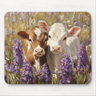 Cute Dairy Cow Calves Lupine Flowers Mouse Mat