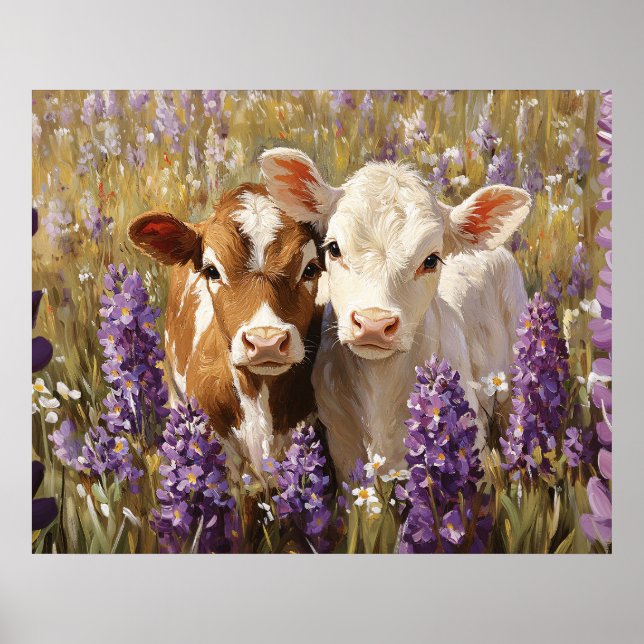 Cute Dairy Cow Calves Lupine Flowers Poster (Front)