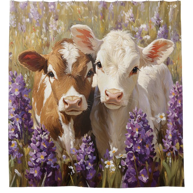 Cute Dairy Cow Calves Lupine Flowers Shower Curtain (Front)
