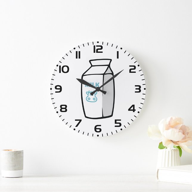 Cute Dairy Cow Cartoon Milk Carton Illustration  Large Clock (Creator Uploaded)