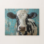 Cute Dairy Cow Farmhouse Painting Jigsaw Puzzle<br><div class="desc">Enjoy a delightful puzzle challenge with our Cute Dairy Cow Farmhouse Painting Jigsaw Puzzle. Featuring an adorable dairy cow against a worn blue-painted wood wall,  this charming farmhouse scene brings rustic charm and whimsy to your leisure time,  perfect for animal lovers and puzzle enthusiasts.</div>