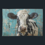Cute Dairy Cow Farmhouse Painting Tea Towel<br><div class="desc">Bring a touch of rustic charm to your kitchen with our Cute Dairy Cow Farmhouse Painting Kitchen Towel. Featuring an adorable dairy cow against a worn blue-painted wood wall backdrop, this towel adds a cosy farmhouse vibe to your kitchen decor, perfect for animal lovers and those who appreciate country style....</div>