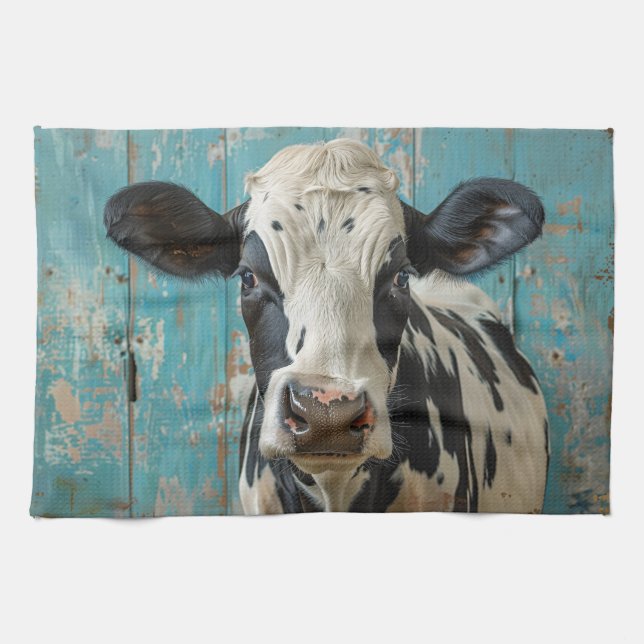 Cute Dairy Cow Farmhouse Painting Tea Towel (Horizontal)