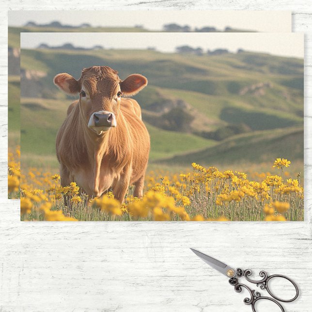 Cute Dairy Cow Yellow Wildflowers Decoupage Tissue Paper (Creator Uploaded)