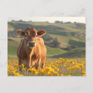 Cute Dairy Cow Yellow Wildflowers Postcard