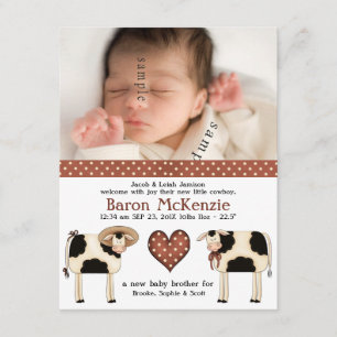 Cute Dairy Cows New Baby BOY with birth photo Announcement