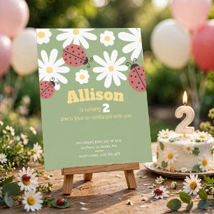 Cute Daisies and Ladybugs 2nd Birthday Party Invitation