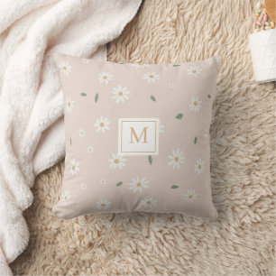 Cute Daisies Floral Blossoms & Greenery Monogram Cushion