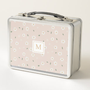 Cute Daisies Floral Blossoms & Greenery Monogram Metal Lunch Box