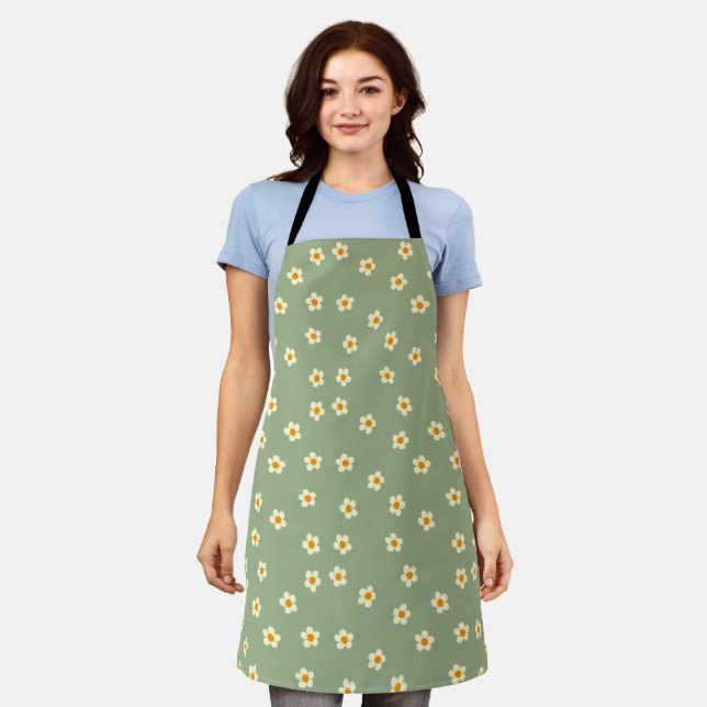 Cute Daisies Floral Pattern Green Apron (Worn)