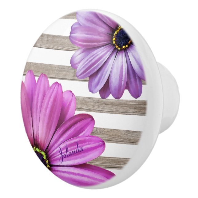 Cute Daisies Wood White Stripes Add Name Ceramic Knob (Right)