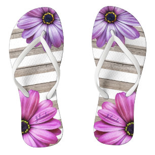 Cute Daisies Wood White Stripes Add Name Flip Flops