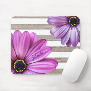 Cute Daisies Wood White Stripes Add Name Mouse Mat