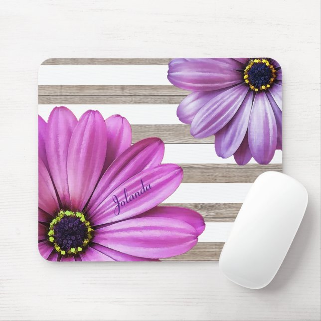Cute Daisies Wood White Stripes Add Name Mouse Mat (With Mouse)