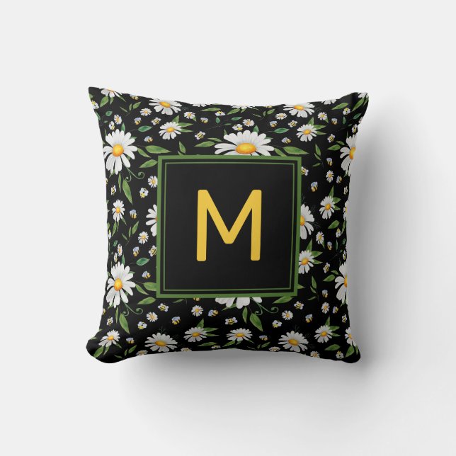 Cute Daisy and Bee Monogram Floral Pattern Cushion (Front)
