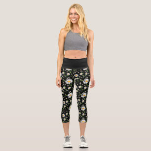 Cute Daisy and Bees Watercolor Floral Pattern Capri Leggings