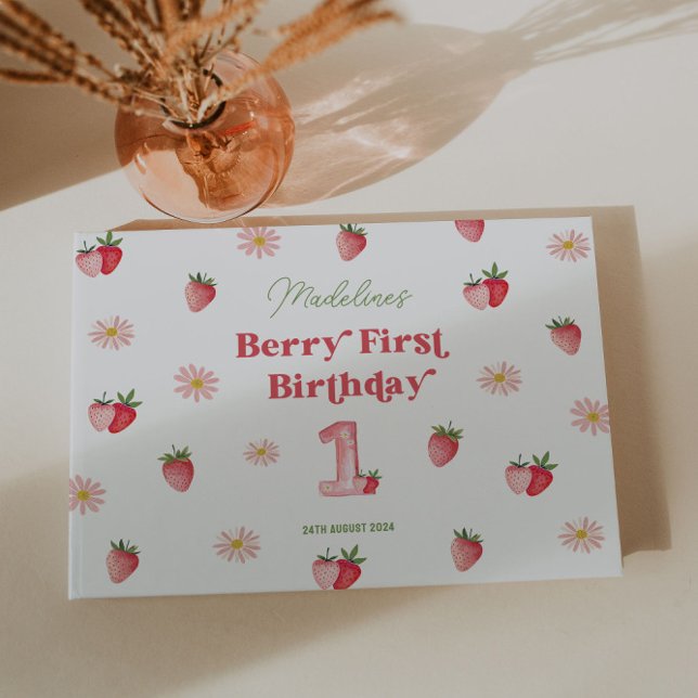 Cute Daisy and Strawberry First Birthday Guest Book (Berry Sweet First Birthday Guest Book featuring Adorable Paste Daises & Berries for a cute Keepsake)