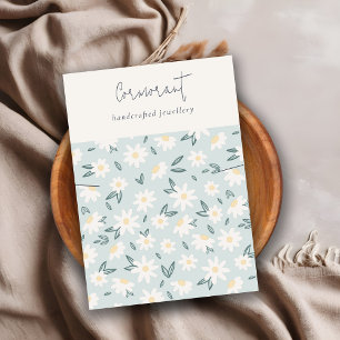Cute Daisy Floral Aqua Blue Script Necklace Holder Business Card