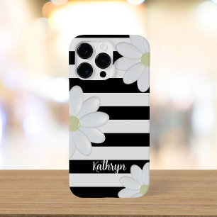Cute Daisy Floral Black and White Stripes Case-Mate iPhone 14 Pro Max Case