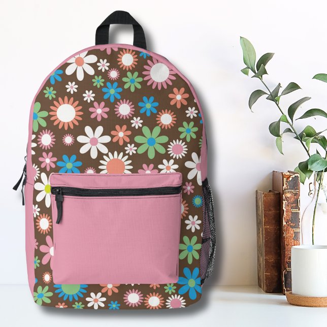 Cute Daisy Floral Pattern Printed Backpack (Cute Groovy Brown Blue Green Retro Daisy Floral Printed Backpack)