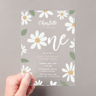 Cute Daisy Flower 1st Birthday Girl Pink Acrylic Invitations