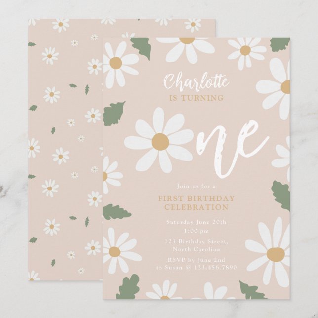 Cute Daisy Flower 1st Birthday Girl Pink Invitation (Front/Back)