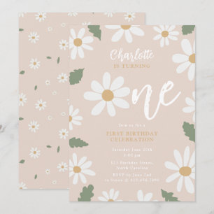 Cute Daisy Flower 1st Birthday Girl Pink Invitation