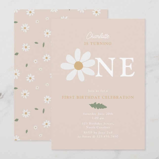 Cute Daisy Flower 1st Birthday Girl Pink Invitation (Front/Back)