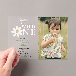 Cute Daisy Flower 1st Birthday Girl Wild One Photo Acrylic Invitations