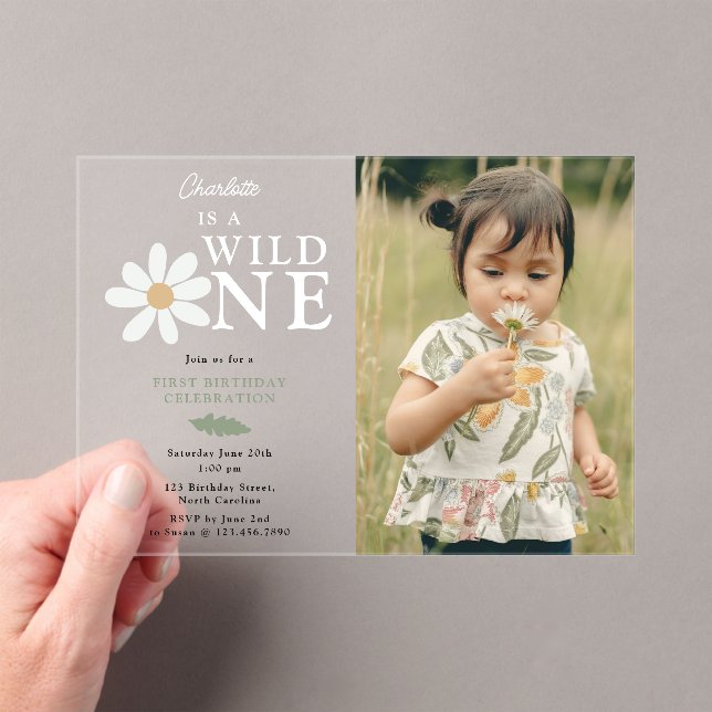 Cute Daisy Flower 1st Birthday Girl Wild One Photo Acrylic Invitations (Insitu (Handheld))