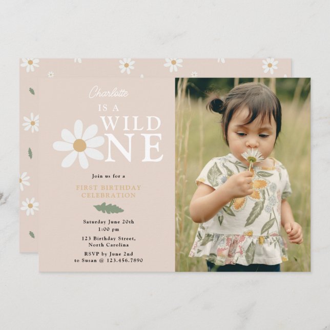 Cute Daisy Flower 1st Birthday Girl Wild One Photo Invitation (Front/Back)