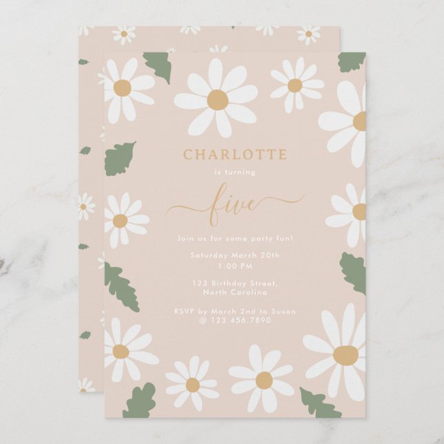 Cute Daisy Flower Birthday Party Girl Pink Invitation (Front/Back)