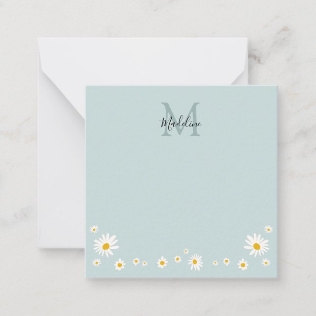 Cute Daisy Flower Modern Teal Monogram Square Card (Front)