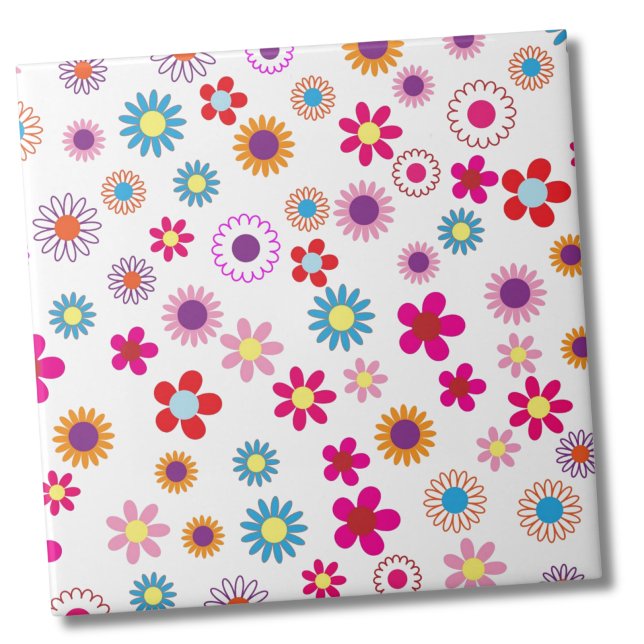 Cute Daisy Flower Pattern Tile (Cute Retro Groovy Daisy Flower Pattern ceramic tile)