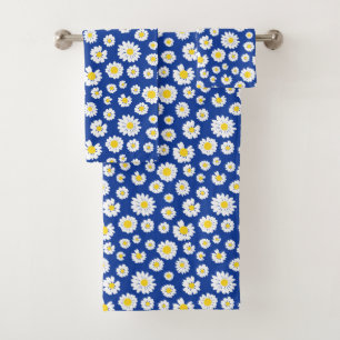Cute Daisy Flowers on Blue Background Bath Towel Set