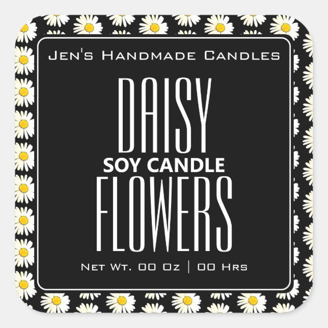 Cute Daisy Flowers Pattern Black White Candles Square Sticker (Front)