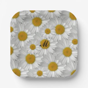 Cute Daisy Flowers with Name Monogram Paper Plate