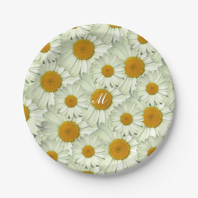 Cute Daisy Flowers with Name Monogram Paper Plate (Front)